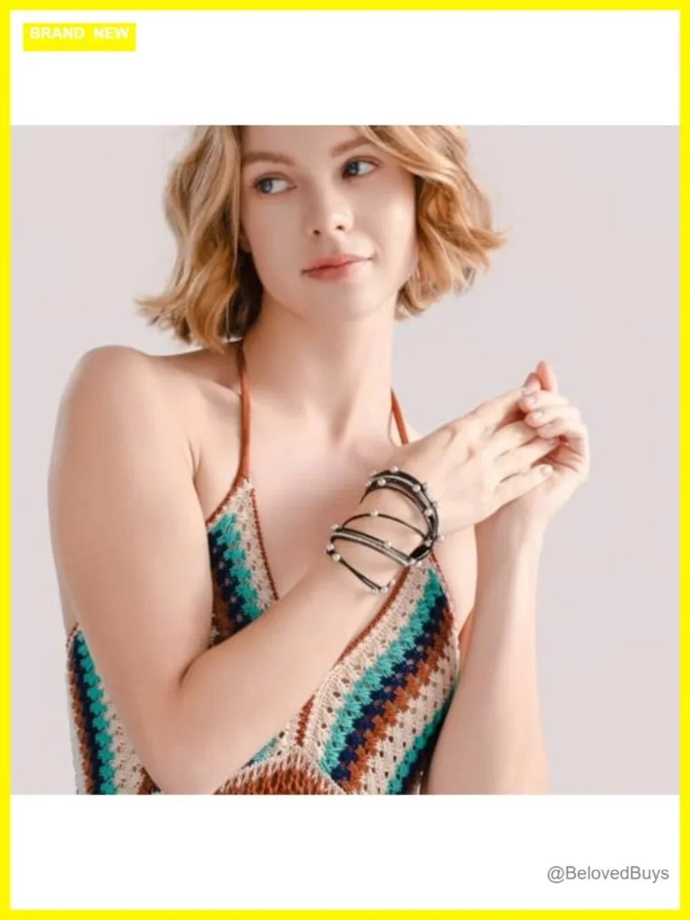 Faux Leather Studded Beaded Double Wrap Bracelet Magnetic Clasp